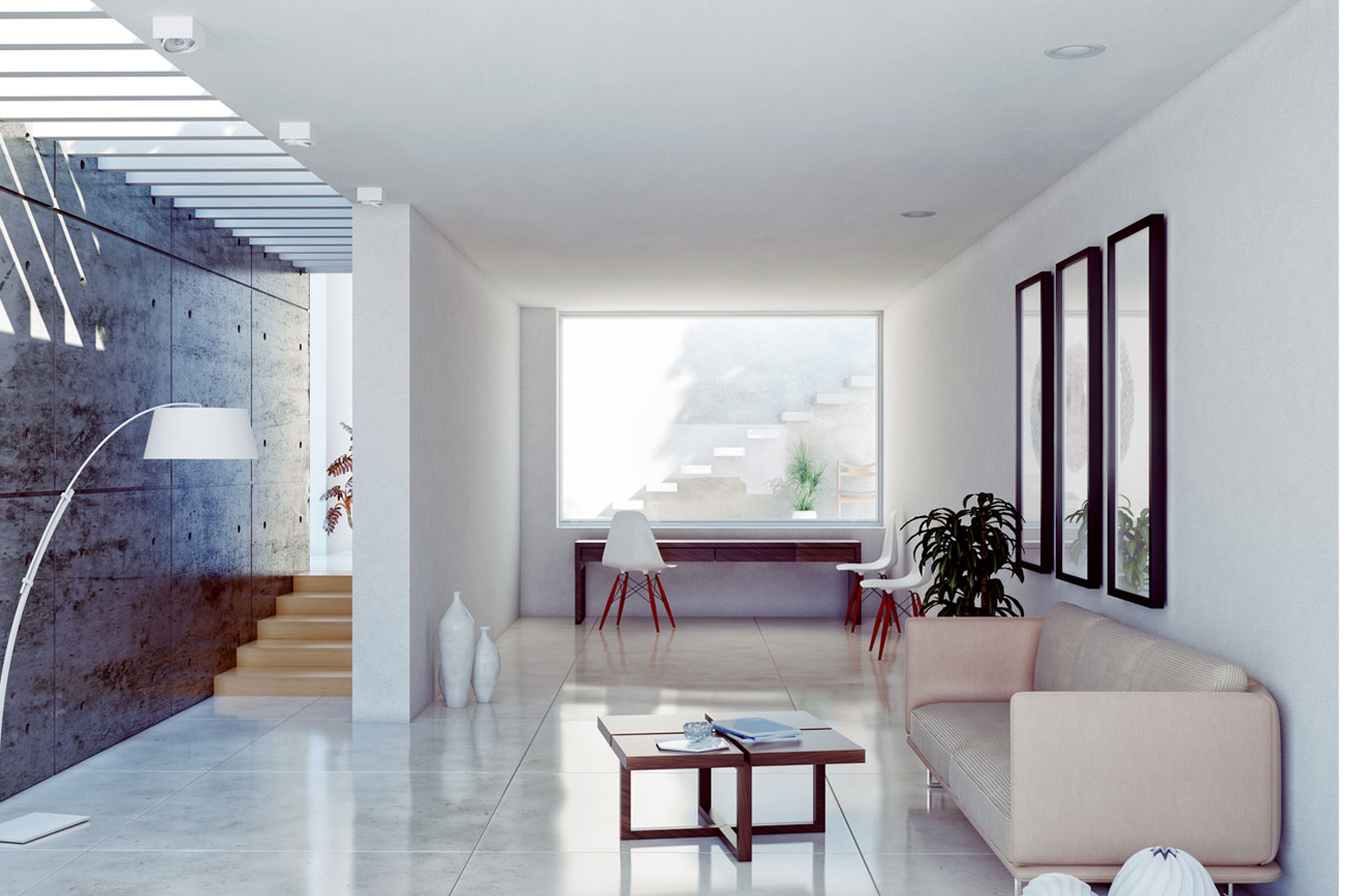 Onbehandelt beton als muur afwerking - moderne woonkamer met eames stoelen
